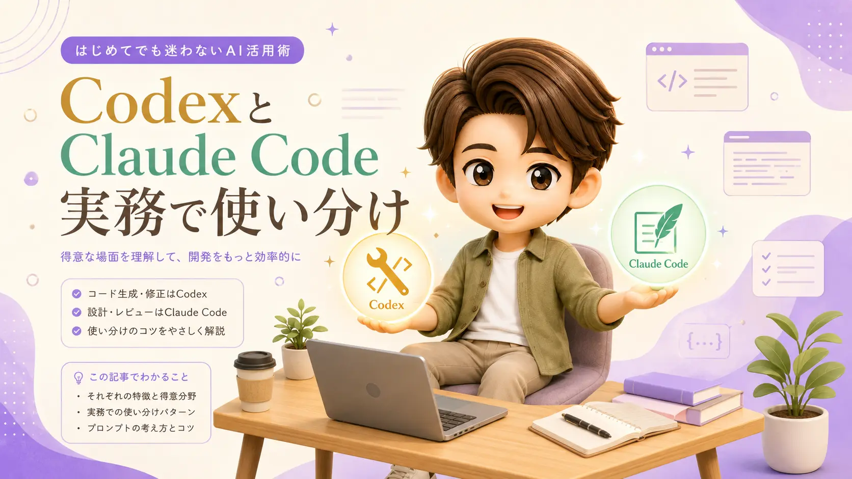 CodexとClaude Codeを実務で使い分ける副業ワーカーのイメージ。左にコード修正のCodex、右に文章作成のClaude Codeが並ぶ柔らかいパステル調イラスト