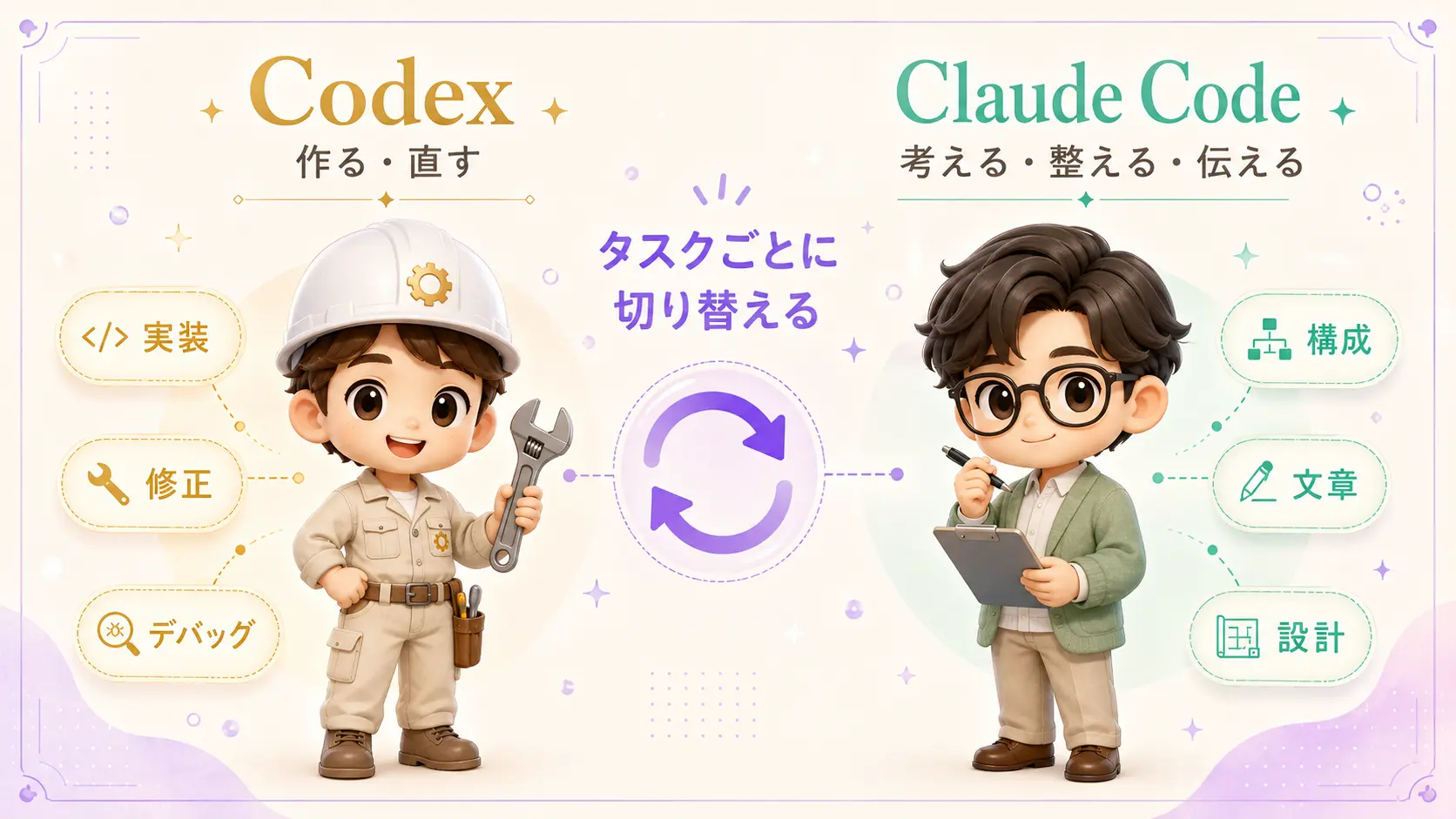 Codexは『作る・直す』、Claude Codeは『考える・整える・伝える』という役割分担を示す対比図解。中央に矢印で『タスクごとに切り替える』と表示