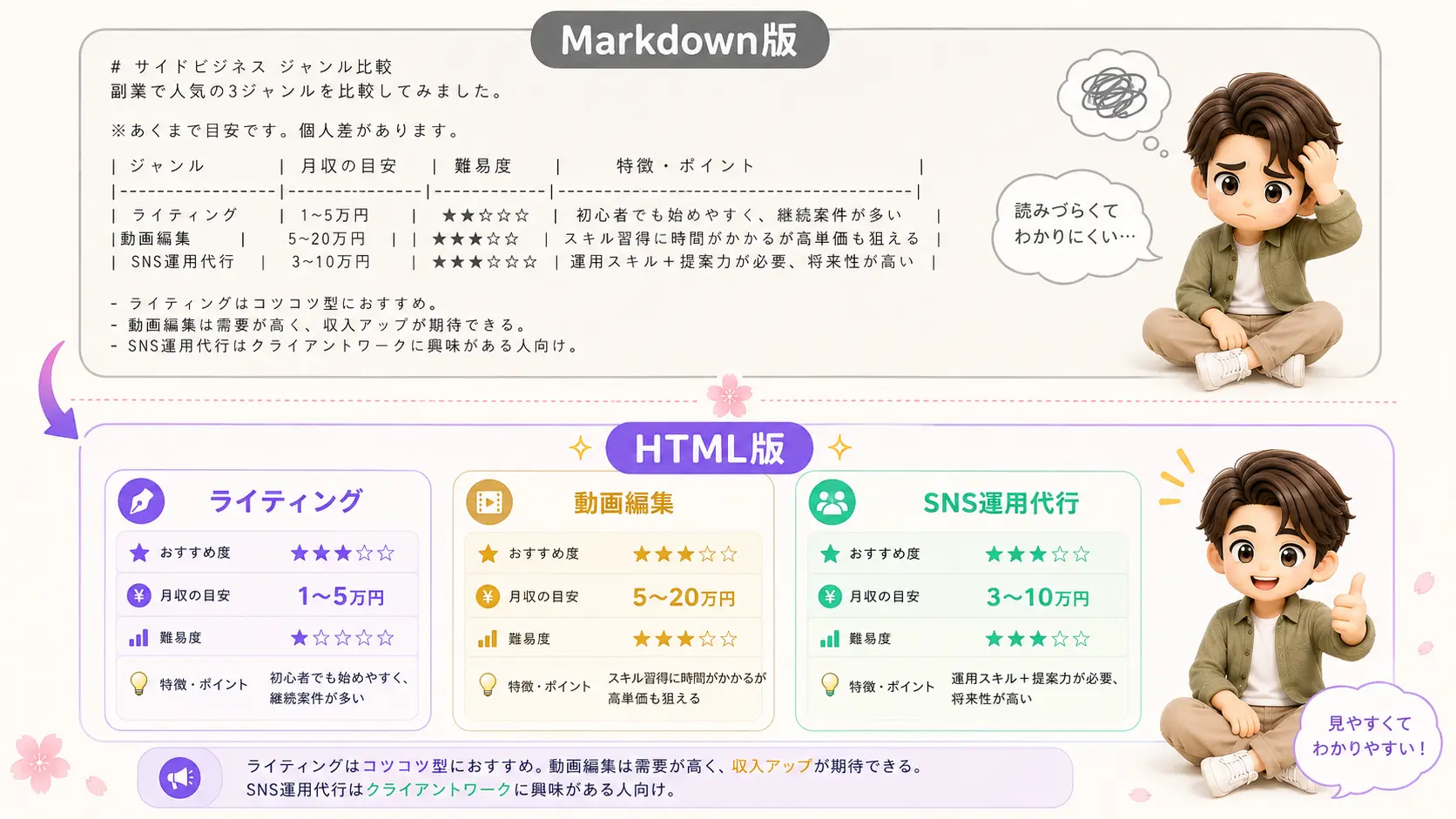 同じ「副業ジャンル比較」のリクエストに対して、Markdown版が文字だけのガタガタした表を出しているのに対し、HTML版が紫とゴールドで色分けされた整ったカード型の比較レイアウトを出している様子