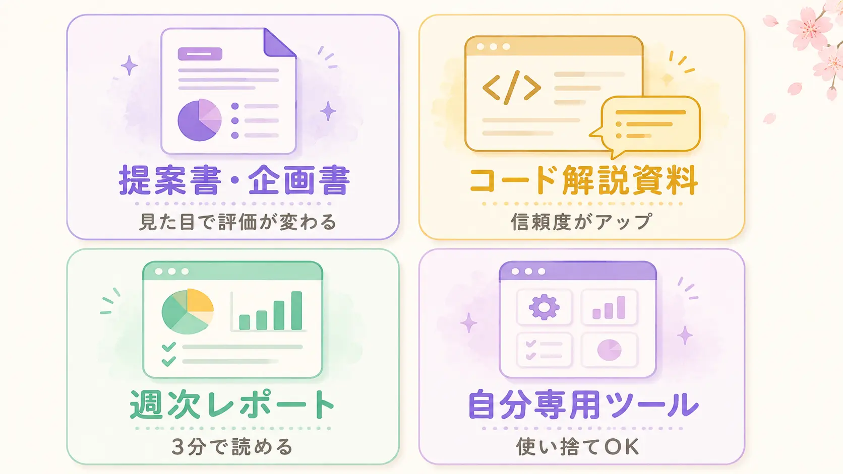 HTMLで頼むときの4つのユースケース（仕様書・コードレビュー・報告書・自分専用エディタ）が紫とゴールドのカード型グリッドで並んでいる図解。各カードに対応するアイコン付き