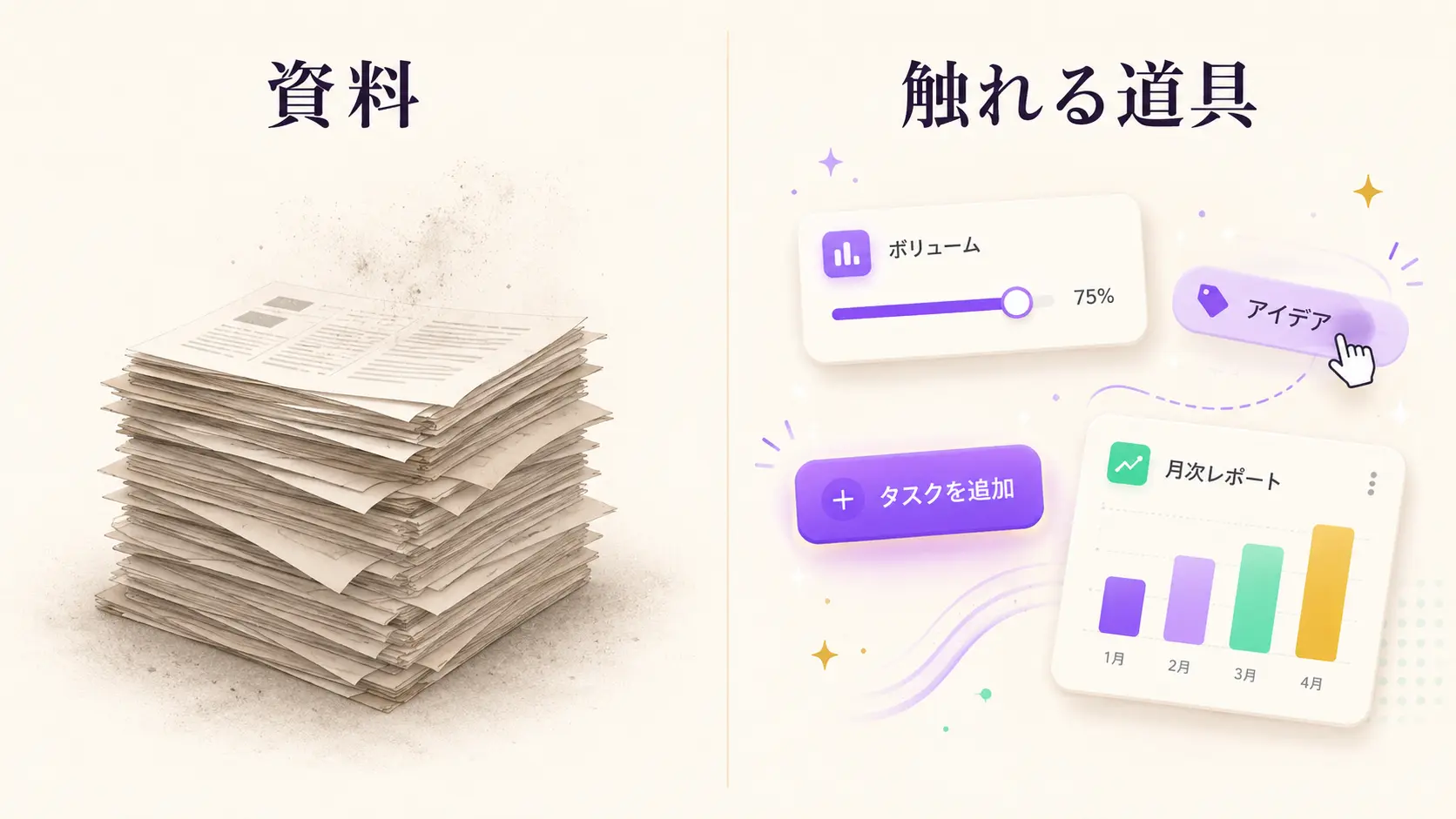 左側に積み上げられた紙の資料の山、右側にブラウザで開かれた色とりどりのインタラクティブな道具が並ぶ対比図。資料は重く沈んだ印象、道具は軽やかで触りたくなる印象を表現