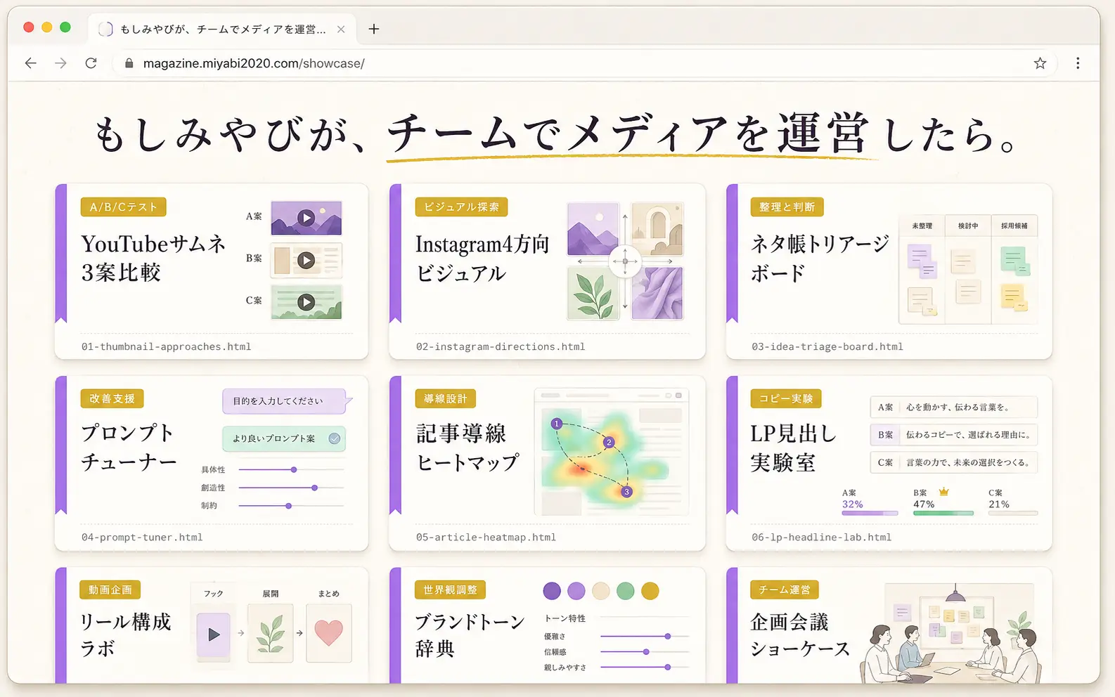 9カテゴリに分かれた20個のショーケースカードが紫とゴールドの配色で並んだトップページのスクショ。YouTubeサムネ比較・Instagram4方向ビジュアル・ネタ帳トリアージなど、副業に身近な題材が並んでいる
