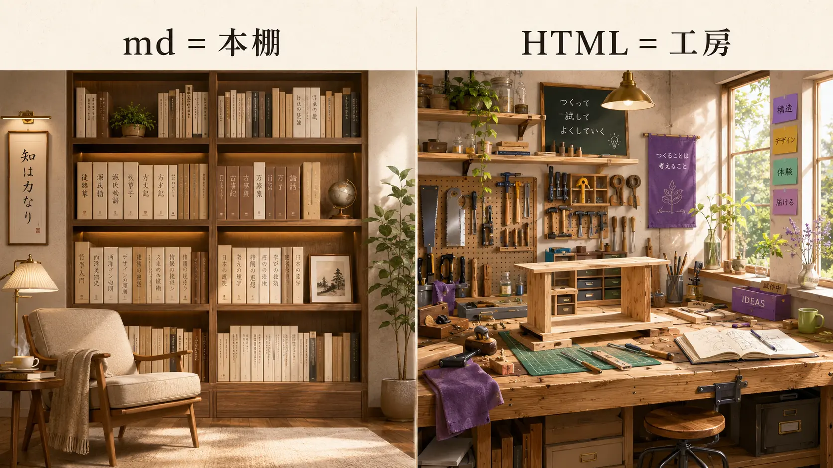 左側に整然と本が並ぶ図書館（md=本棚）、右側に道具と作りかけの作品が並ぶ職人の工房（HTML=工房）の対比イラスト。両方とも美しいが体験がまるで違うことを表現