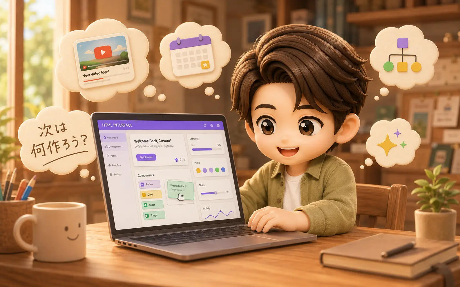 みやびキャラがノートPCの前でわくわくした表情で作業している様子。画面には作りかけのHTMLツールが映り、周りには『次は何作ろう？』の吹き出しが浮かんでいる