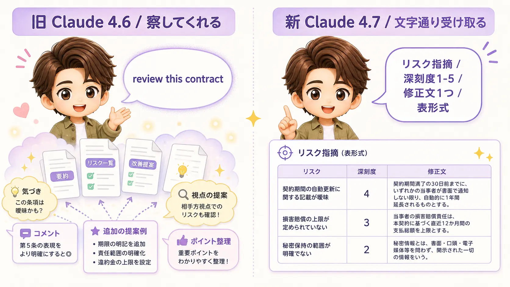 左に「旧Claude 4.6：察してくれる」と書かれたあいまいな指示と豊かな出力、右に「新Claude 4.7：文字通り受け取る」と書かれた具体的な指示と正確な出力を対比したイラスト図解