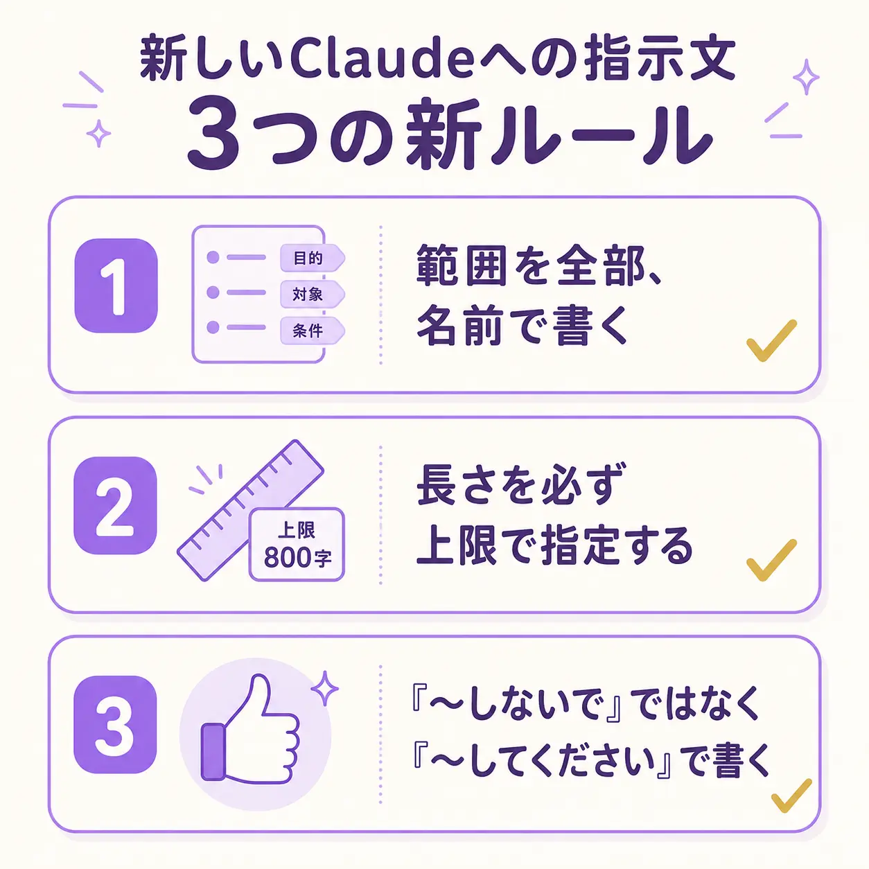 新ルール①範囲指定・②長さ上限・③肯定形指示の3つを並べた、薄紫を基調にした図解チェックリスト