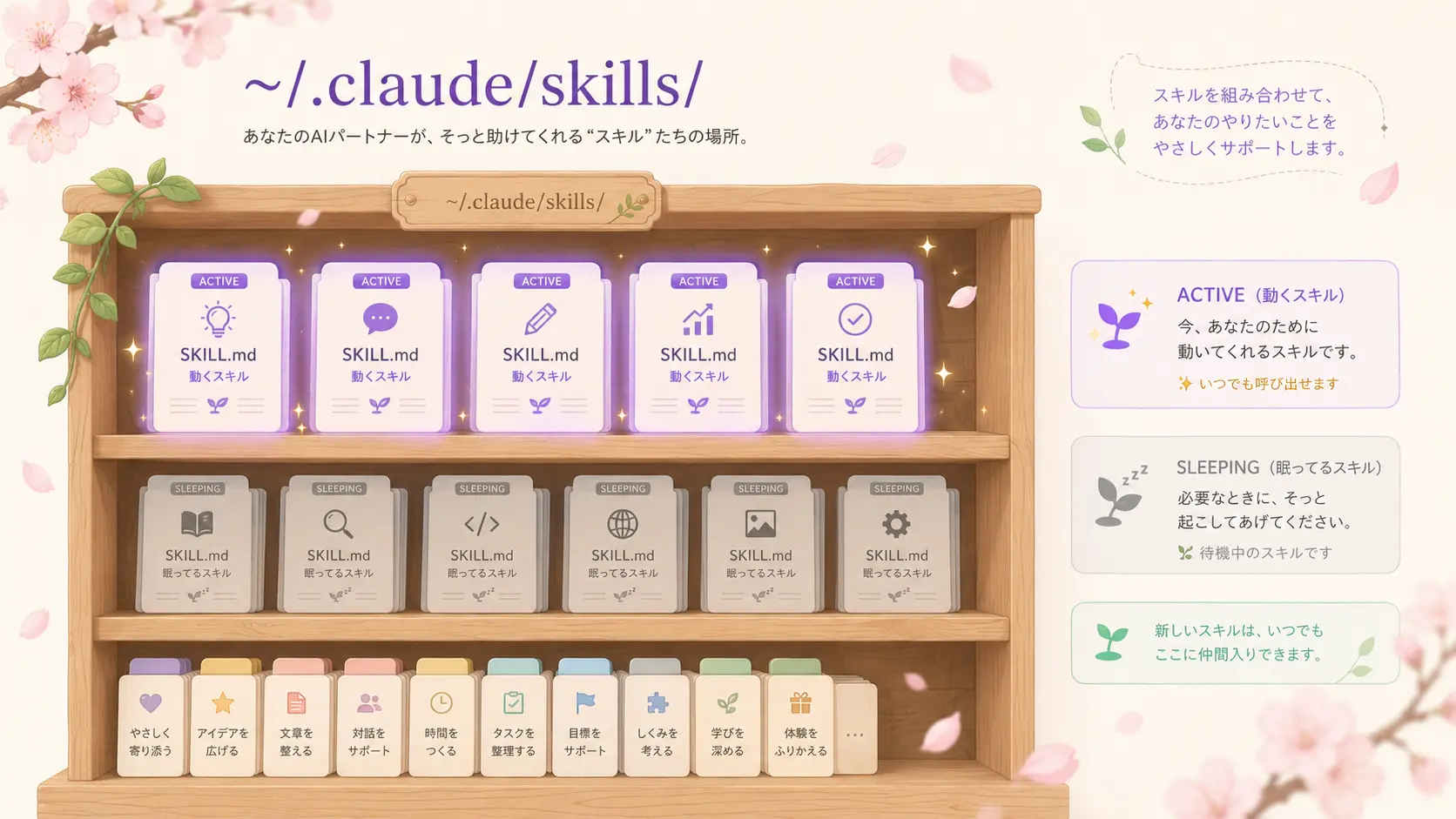 Claude Codeの設定フォルダの中に、たくさんのスキルファイルが並んでいる様子をやさしいパステル調で描いたイラスト。手前のいくつかは光っていて、奥のものは灰色で眠っているように見える