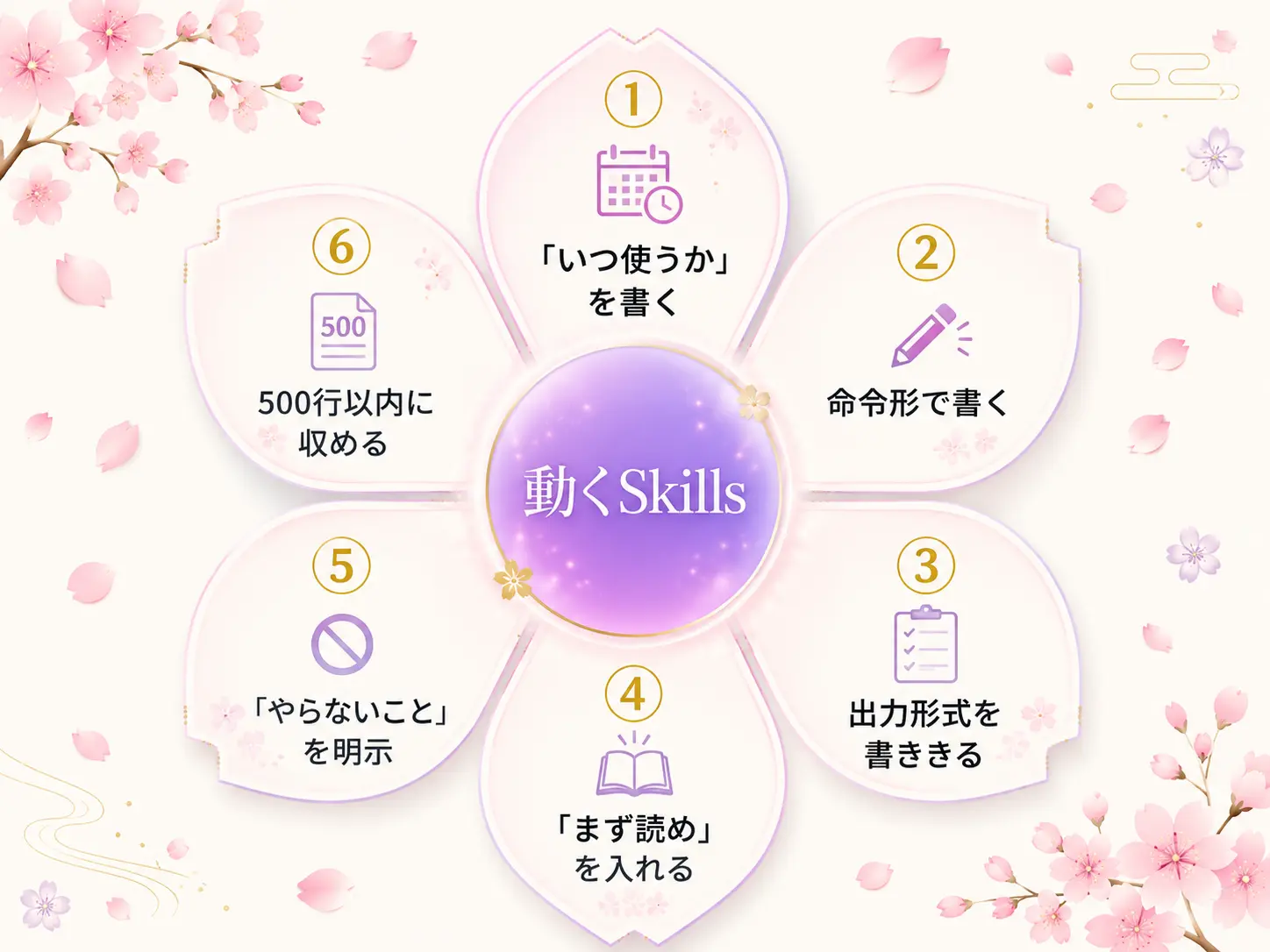 Skillsを動かす6つの型を桜の花びらのように配置した図解。中心に「動くSkills」と書かれ、周りに①いつ使うかを書く ②命令形で書く ③出力形式を書ききる ④まず読めを入れる ⑤やらないことを明示 ⑥500行以内、と並ぶ