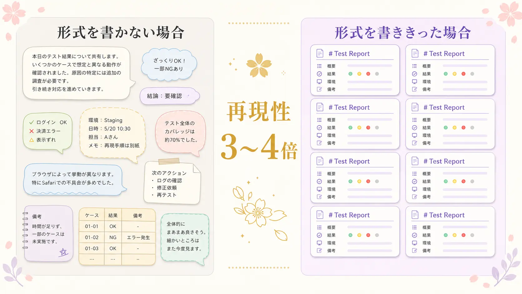 出力形式を「書かない場合」と「書いた場合」で並べたインフォグラフィック。左は10通りのバラバラな結果、右は同じテンプレで揃った結果。中央に「3〜4倍の再現性」のラベル