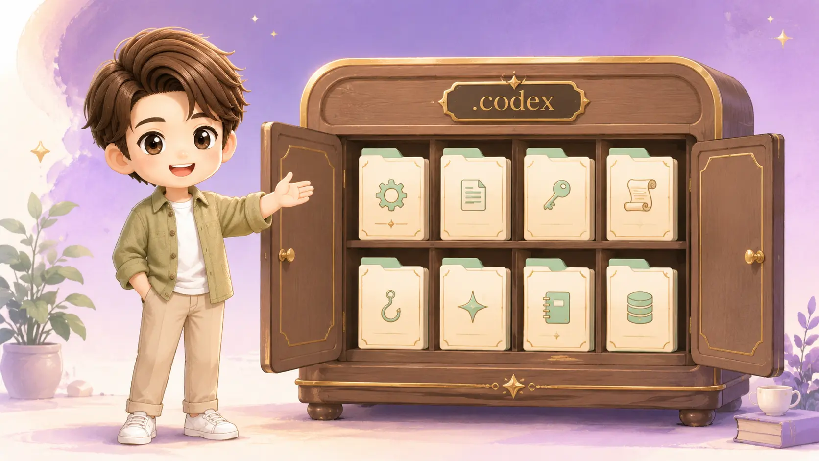 紫とゴールドのパステル調イラストで、「.codex」と書かれたファイル倉庫の扉の前に立つみやびキャラ。扉の中に8つの書類が並んでいるアイキャッチ画像