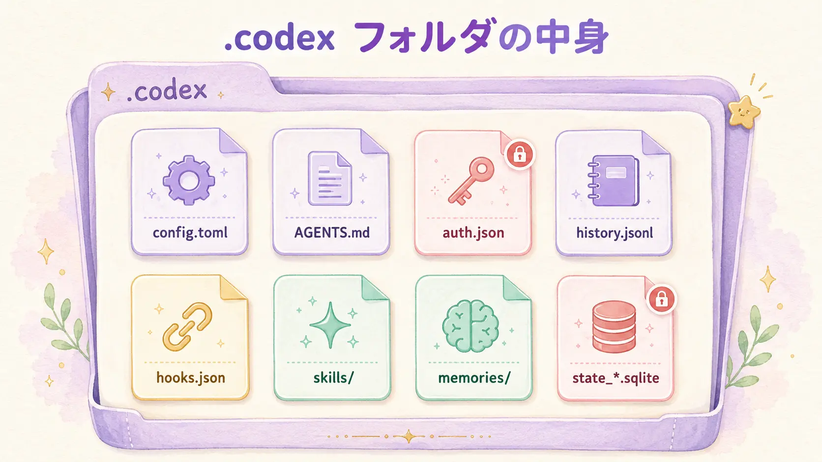 「.codex」フォルダの中にある8つのファイル（config.toml、AGENTS.md、auth.json、history.jsonl、hooks.json、skills、memories、state_*.sqlite）を1枚にまとめた図解。役割ごとに色分けされている