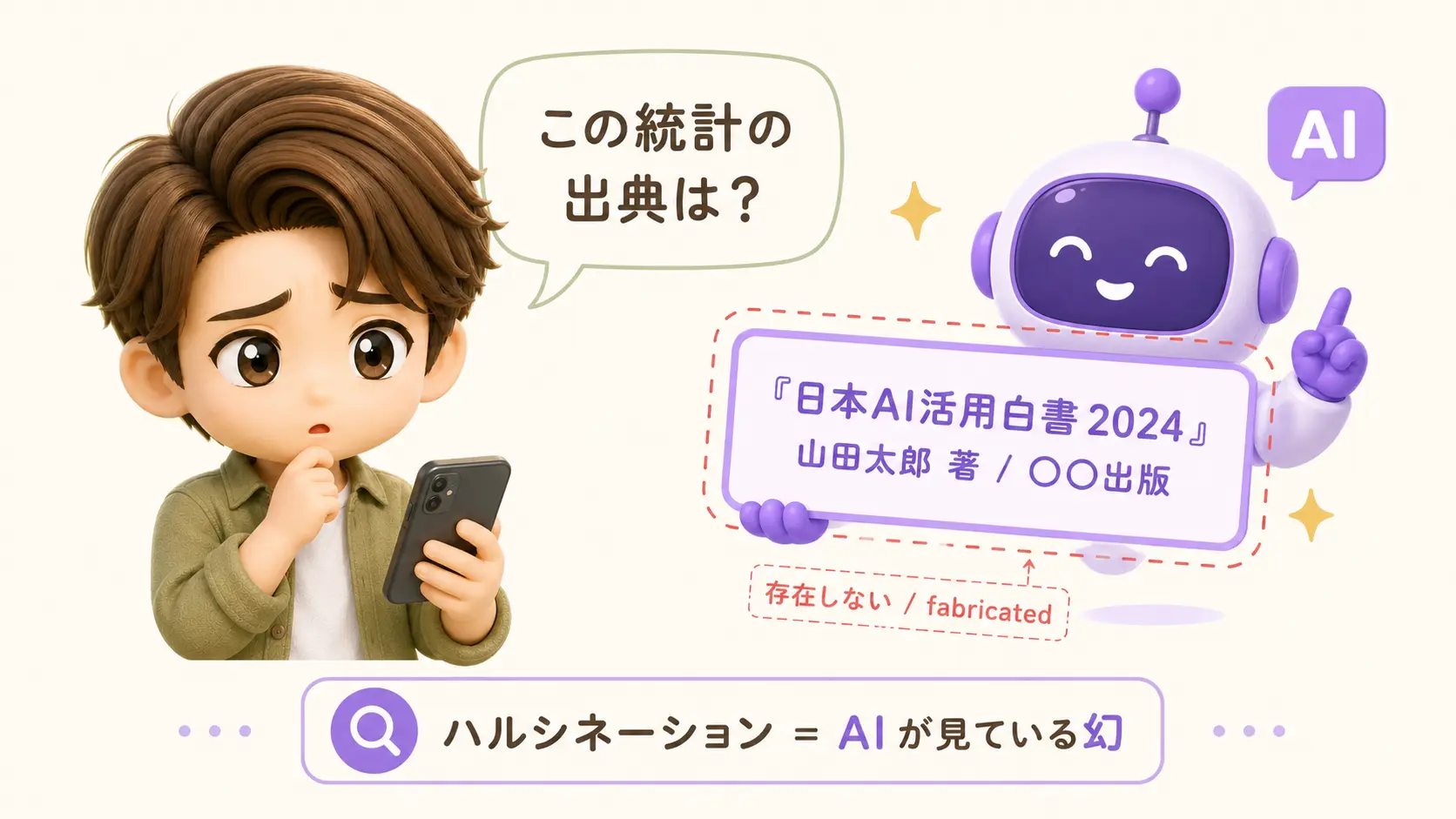 左にユーザーの「この統計の出典は？」という質問、右にAIが自信満々に架空の論文名と著者名を答えている吹き出しが描かれた、ハルシネーション現象の図解イラスト