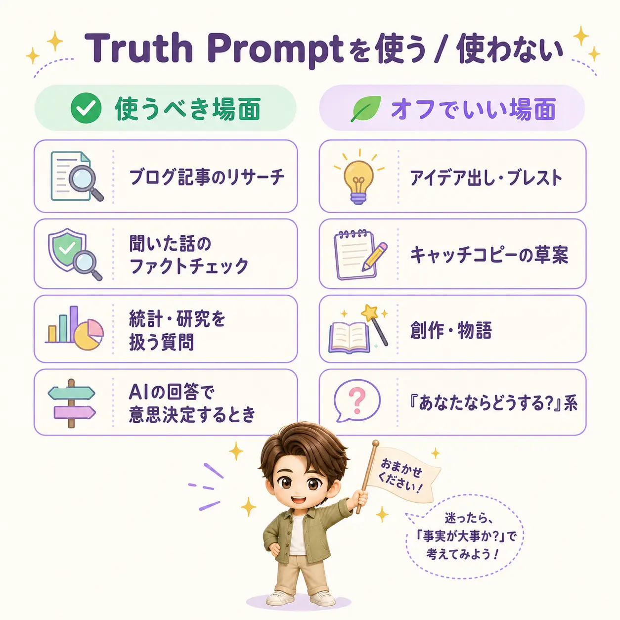 「使うべき場面：リサーチ・ファクトチェック・意思決定」と「オフでいい場面：アイデア出し・創作・雑談」を左右に分けて視覚化した、使い分けチェックリスト画像