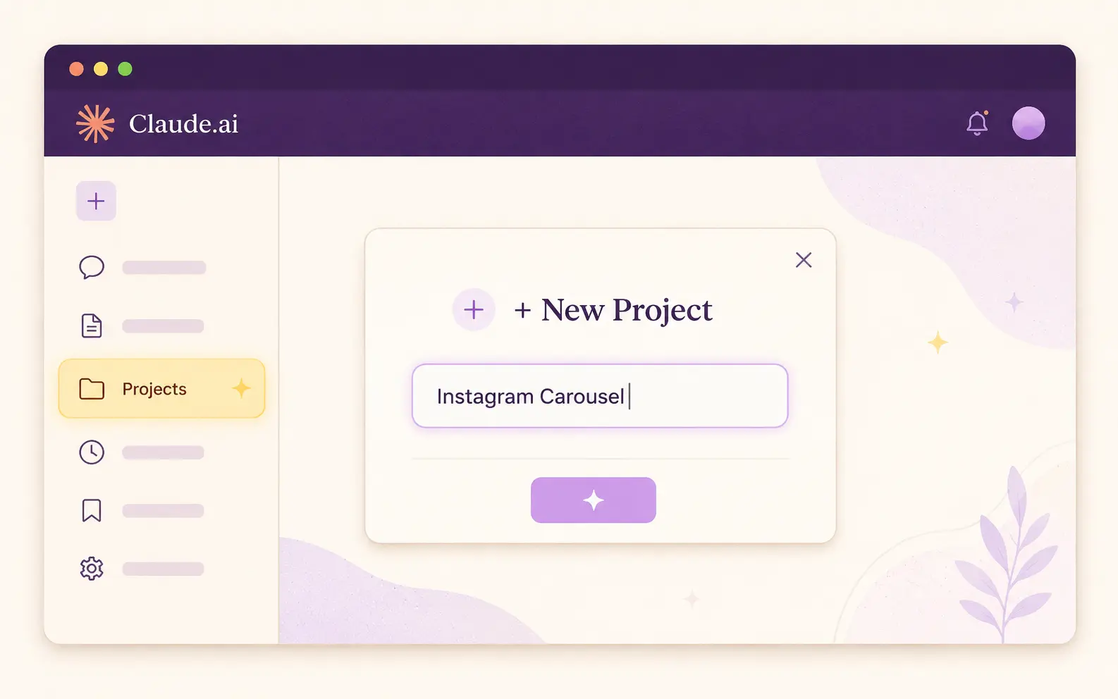 Claude.aiの画面で『+ New Project』ボタンを押し、プロジェクト名にInstagram Carouselと入力している様子のスクリーンショット