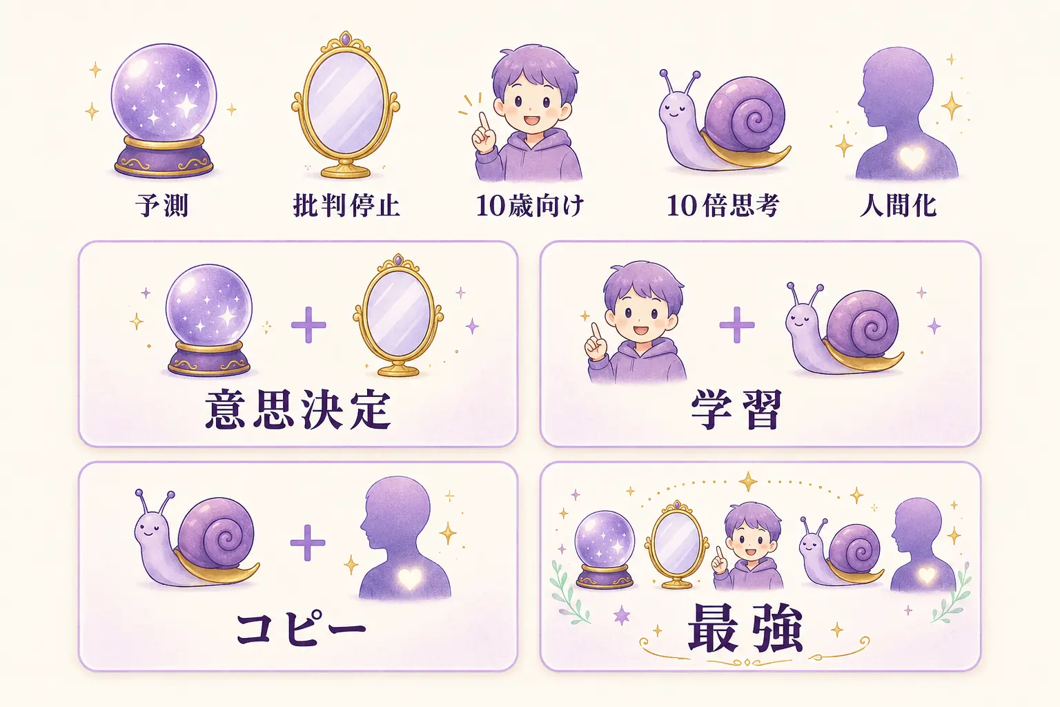 5つのチートコードのアイコン（虫眼鏡・鏡・子ども・カタツムリ・人）が並び、矢印で4つの組み合わせパターンを示した図解。各組み合わせに「意思決定」「学習」「コピー」「最強」という日本語ラベル付き