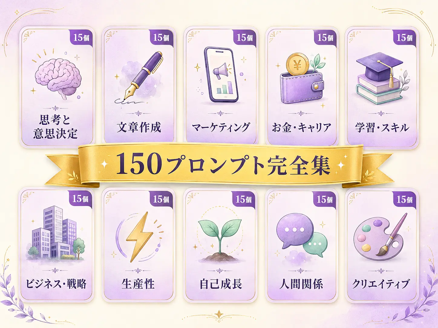 10カテゴリ（思考・文章・マーケ・お金・学習・ビジネス・生産性・自己成長・人間関係・クリエイティブ）が並んだグリッド型インフォグラフィック。各カテゴリにアイコンと「15個」のラベル、中央に「150プロンプト完全集」という日本語タイトル