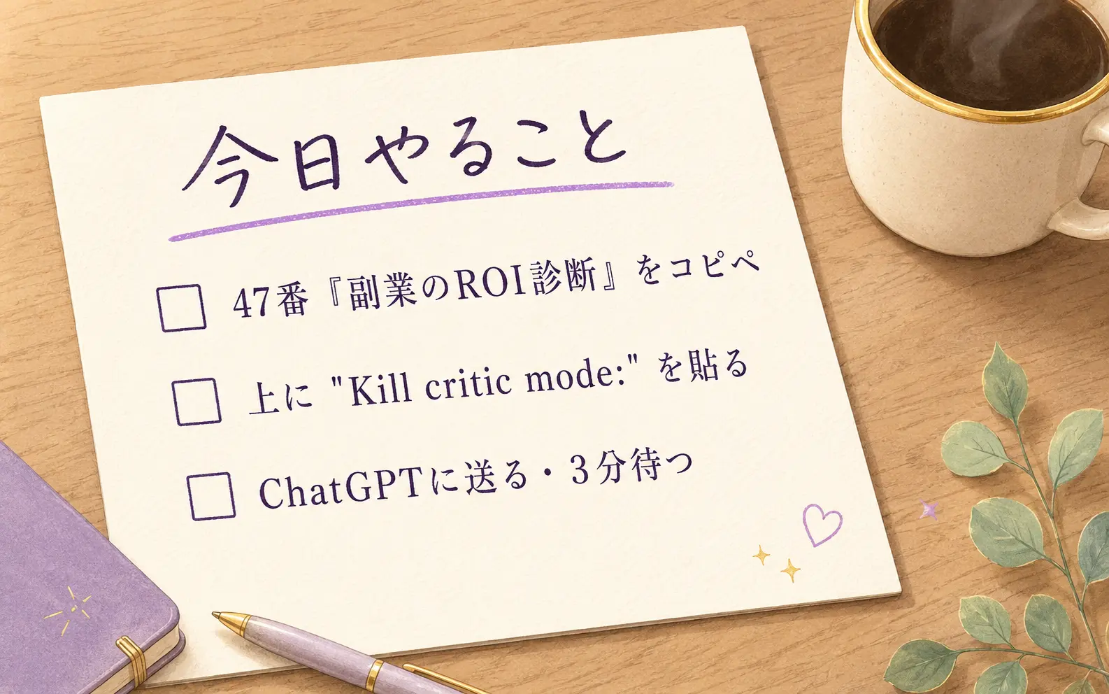 ノートに「今日やること」とだけ書かれた紙のイラスト。下に「47番・副業ROI診断をコピペする・3分」というチェックリストが手書き風で並んでいる、温かみのあるパステル調イラスト