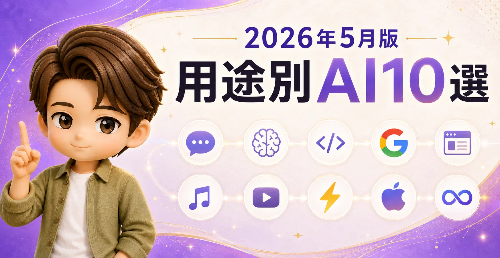 2026年5月版・用途別AIツール10選をやさしく整理する記事のヒーロー画像。紫とゴールドのグラデーション背景に10個のツールアイコンが並ぶ