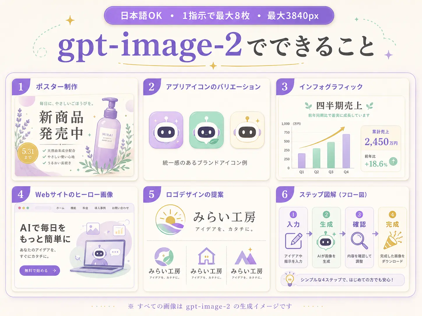 gpt-image-2による画像生成のサンプル一覧。日本語のテキストがきれいに入ったポスター、アプリアイコンの3パターン、図解、ランディングページのヒーロー画像など、複数の生成例がカード状に並んでいる『日本語OK・1指示で最大8枚』と書かれた紹介画像