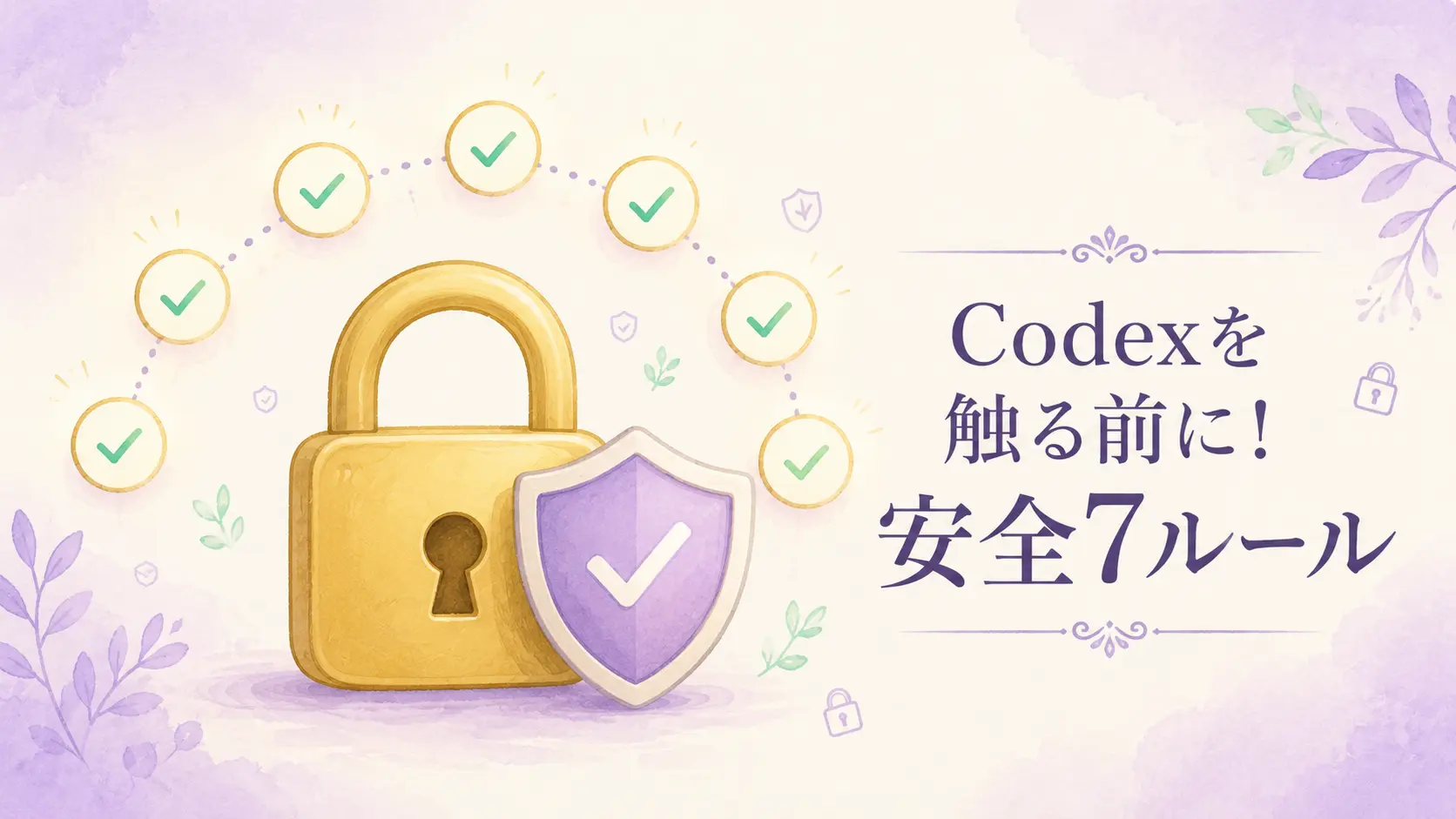 Codexを触る前に押さえるべき7つの安全ルールを示したアイキャッチ画像。鍵のマークと盾のイラストが優しいパステル調で描かれている