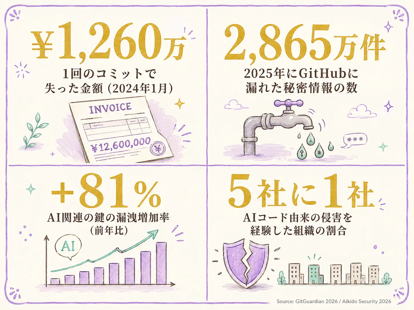 2025〜2026年に世界で起きたAPIキー漏洩の数字をまとめたインフォグラフィック。1,260万円規模の請求、2,865万件の秘密検出、AI関連の鍵+81%、回答者の約20%が被害、という4つの数字が一目で比較できる