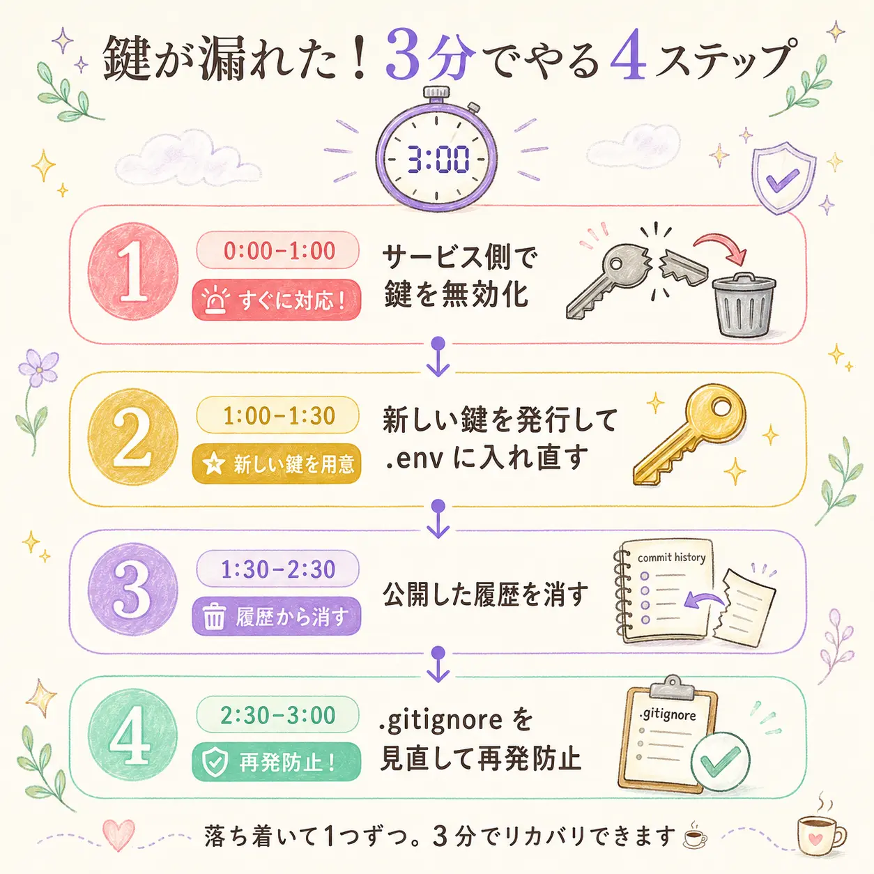 鍵漏洩時の応急処置フロー図。発見後すぐに行う4ステップ(鍵の無効化・再発行→新しい鍵をシークレット管理に格納→Git履歴削除はGitHub公式手順を確認→.gitignoreに反映)が時計のアイコン付きで時系列に並んでいる