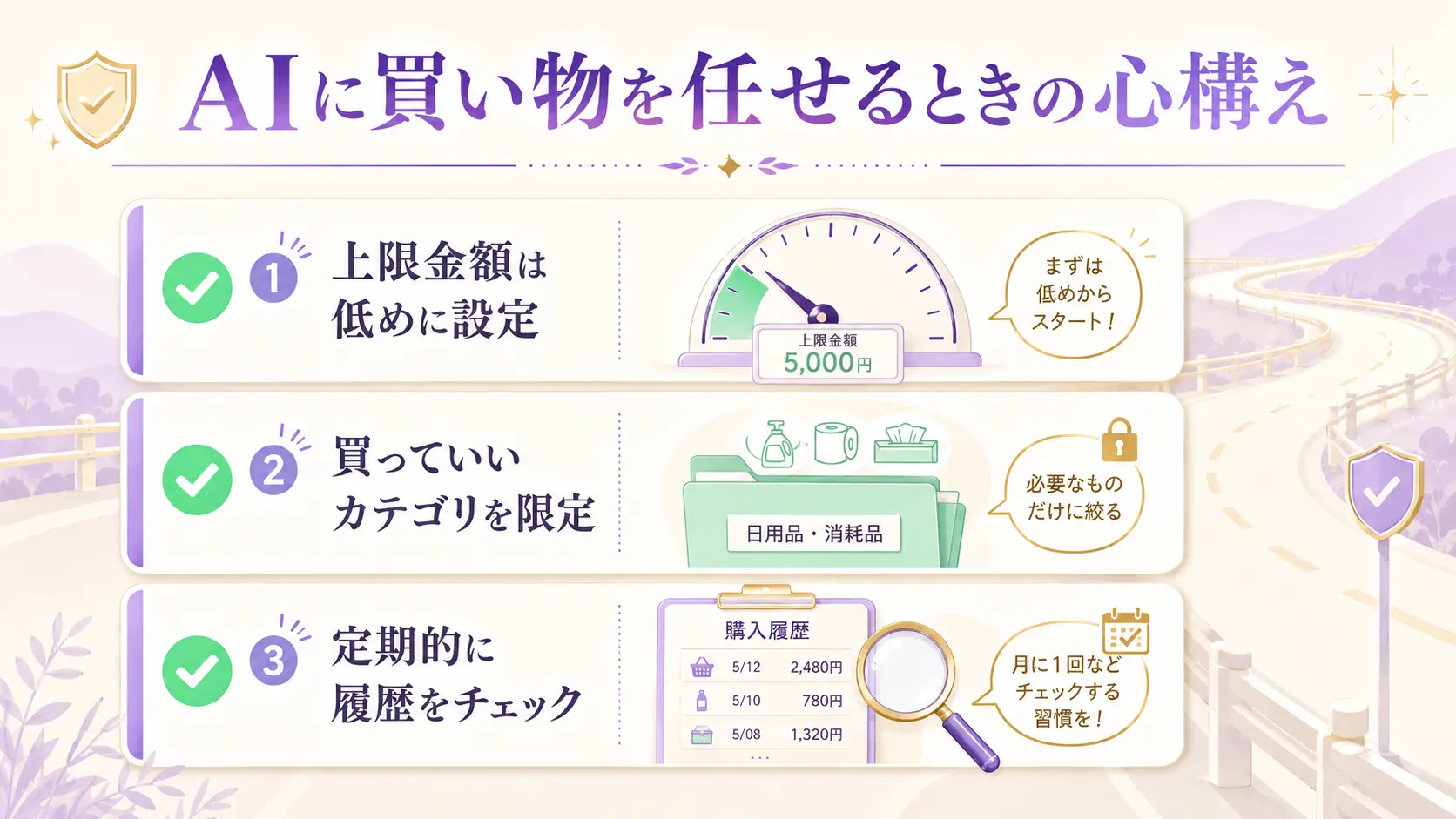 AIに買い物を任せるときの安全設定（ガードレール）を表したチェックリスト風の図解。「上限金額を低めに」「カテゴリを限定」「定期的に履歴を確認」の3つの心構えをやさしいアイコンで表現