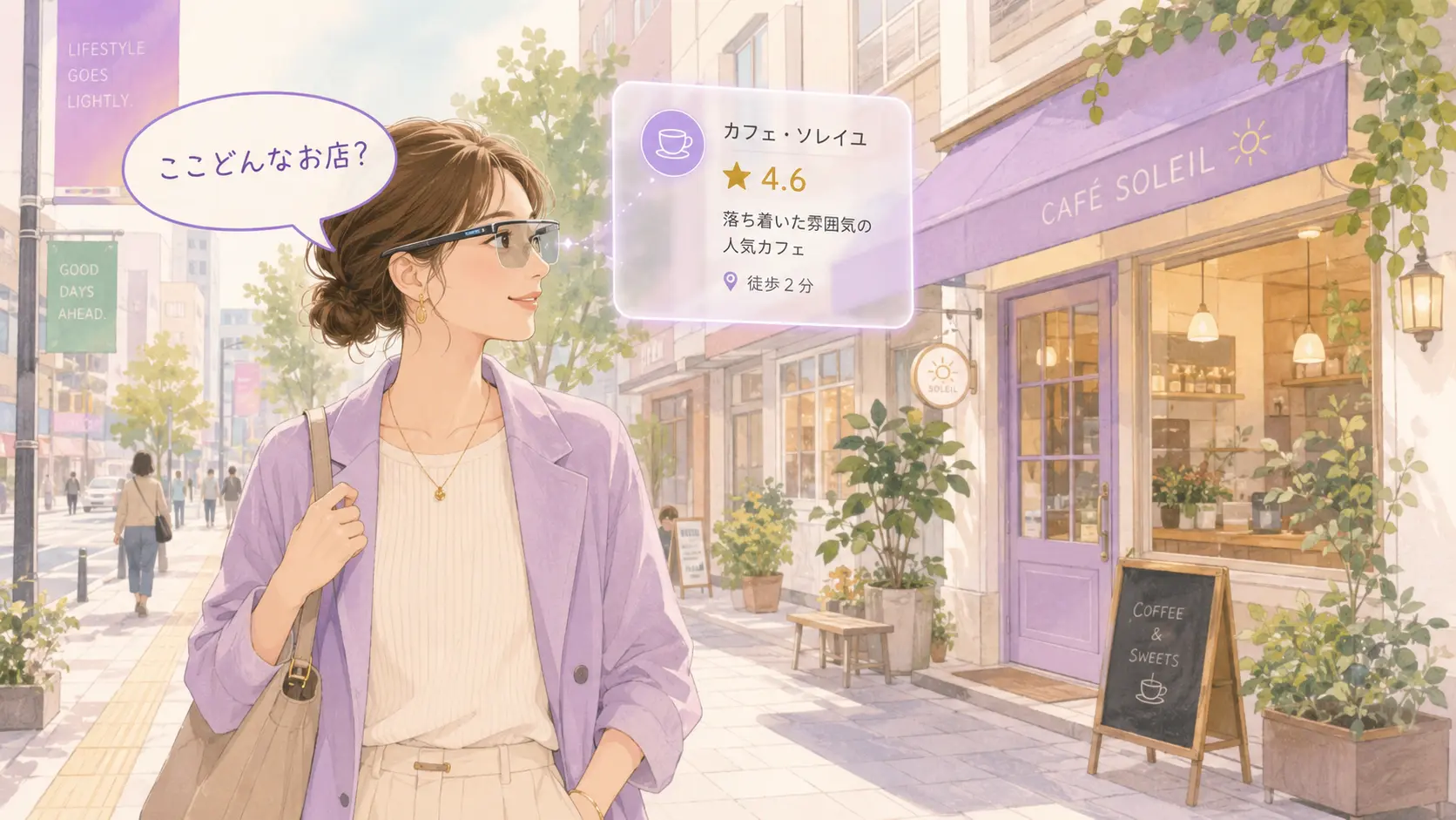 Gemini搭載のAIメガネ（Android XR眼鏡）のイメージ図。おしゃれな眼鏡をかけた人が街でお店を見ながら「ここどんなお店?」と話しかけ、視界の横にやさしく情報が表示されている様子