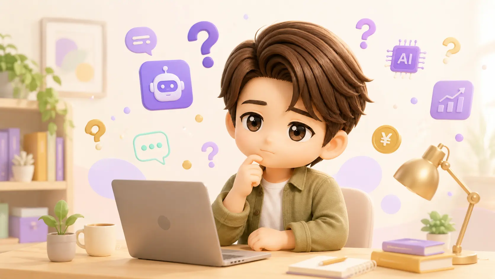 ノートPCの前で「AIでどうやって稼ぐの？」と悩む38歳の会社員男性・暖色トーンのやさしいイラスト